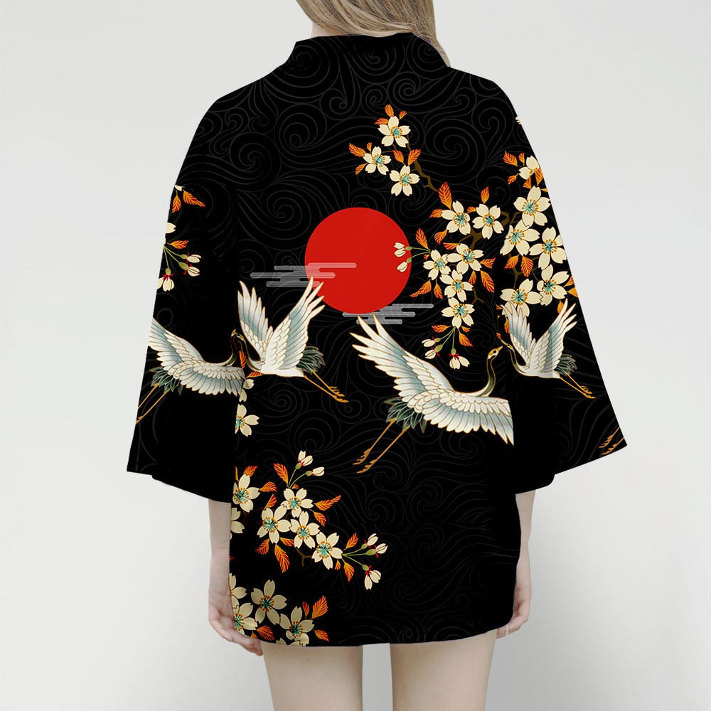 Haori obscuros con Estilos Tradicionales de Grullas Japonesas