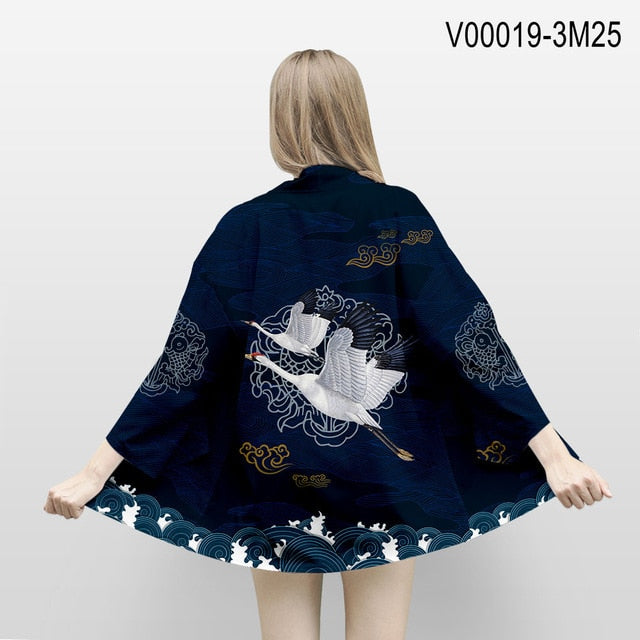 Haori Azules con Estilos Tradicionales de Grullas Japonesas