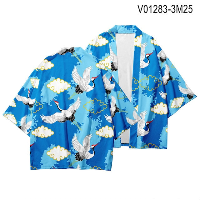 Haori Azules con Estilos Tradicionales de Grullas Japonesas