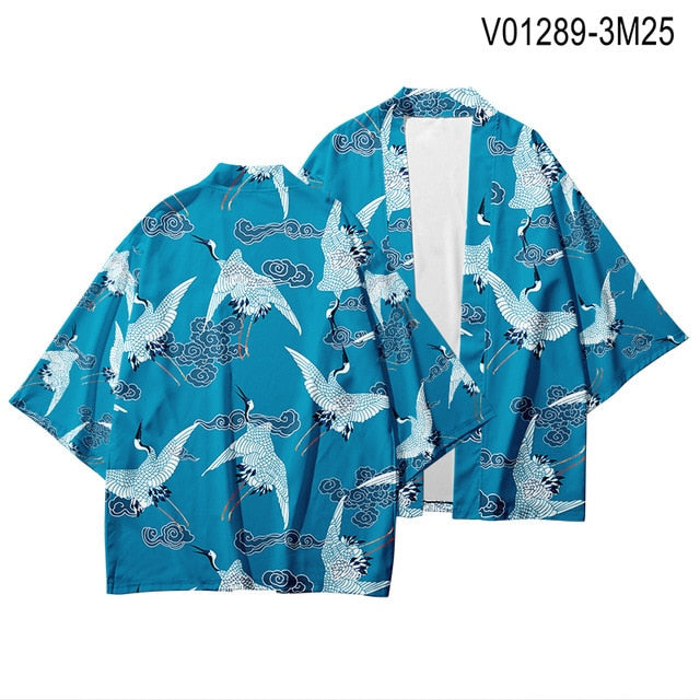 Haori Azules con Estilos Tradicionales de Grullas Japonesas