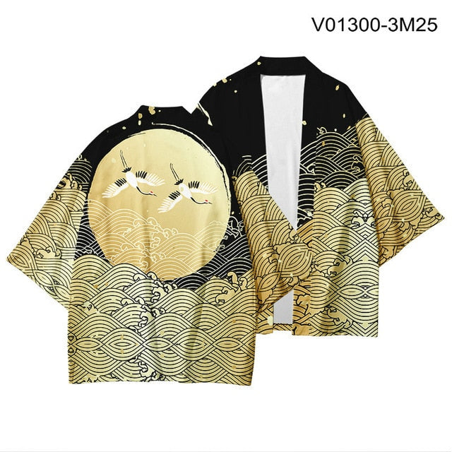 Haori de multiples colores con Estilos Tradicionales de Grullas Japonesas