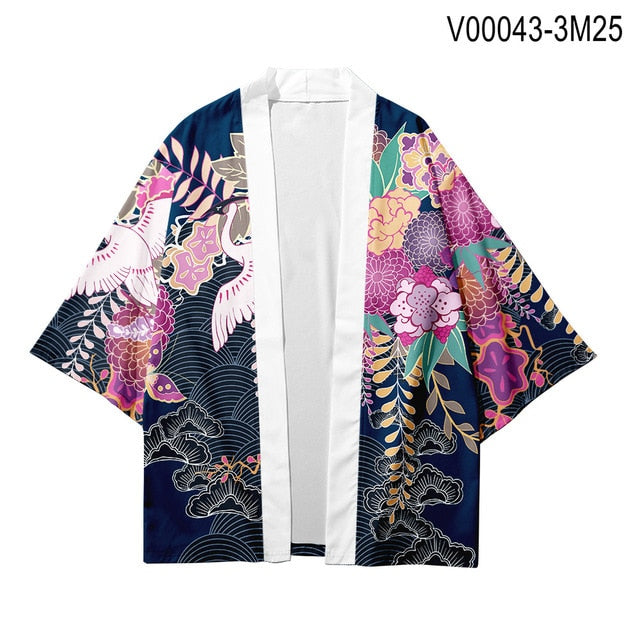 Haori de multiples colores con Estilos Tradicionales de Grullas Japonesas